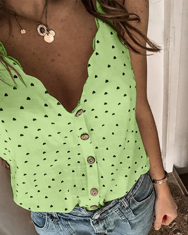 

Heart Print Button Design Tank Top, Green