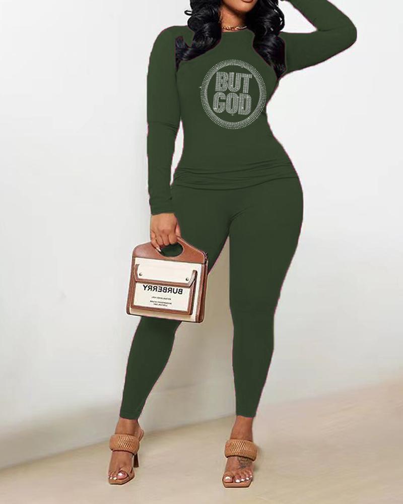 

Rhinestone Letter Pattern Top & Pants Set, Green