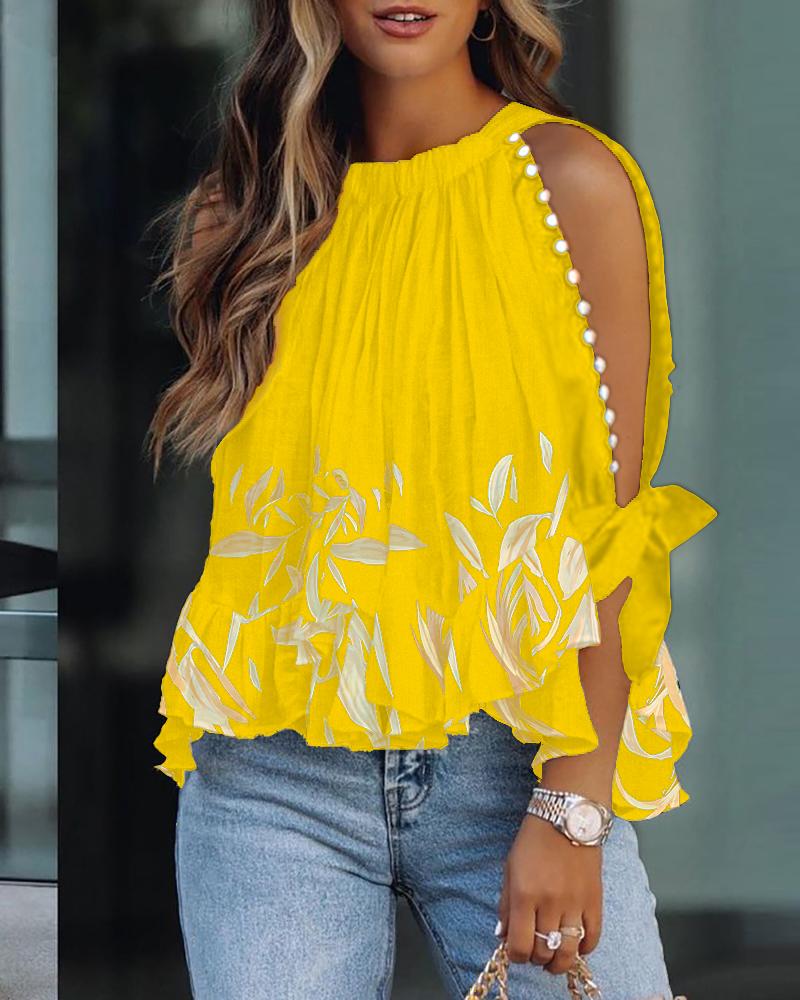 

Plants Print Beaded Decor Split Sleeve Top, Yellow