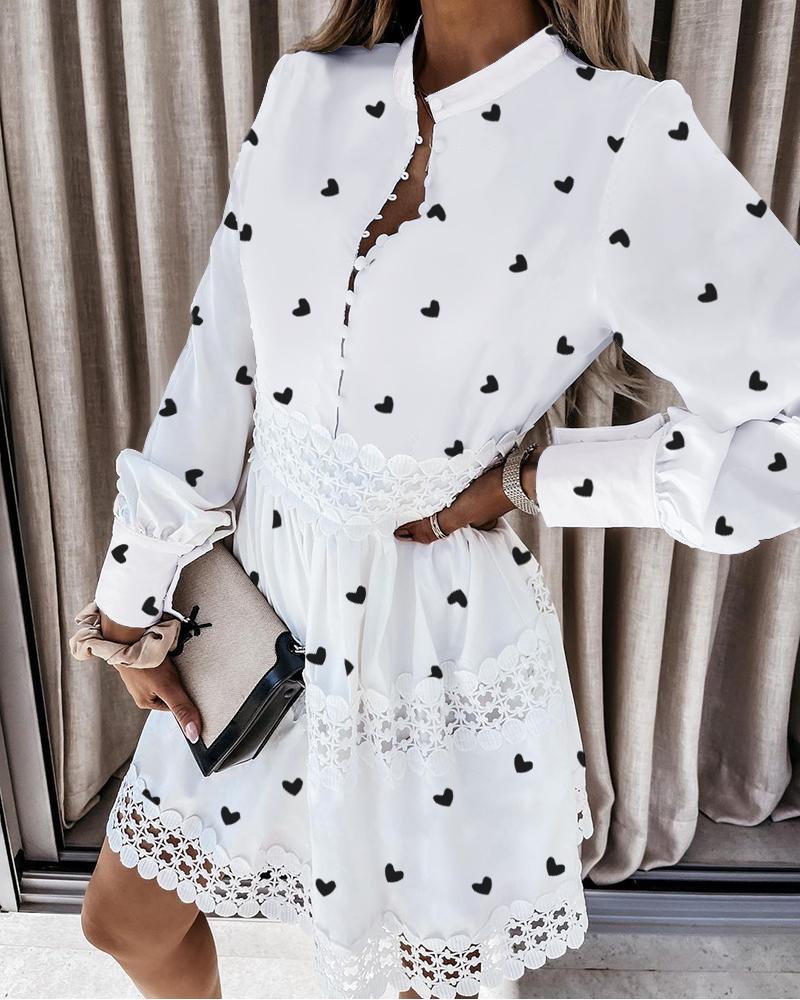 

Lace Patch Heart Print Lantern Sleeve Shirt Dress, White