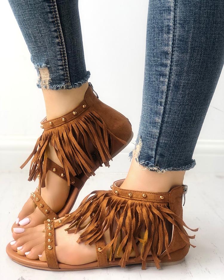 

Rivet Tassel Open Toe Flat Sandals, Brown