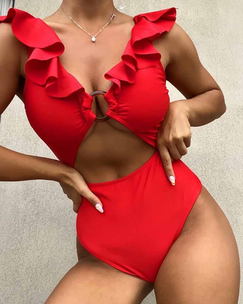 

Ruffles Cutout O-Ring Decor One Piece Swimsuit, Red