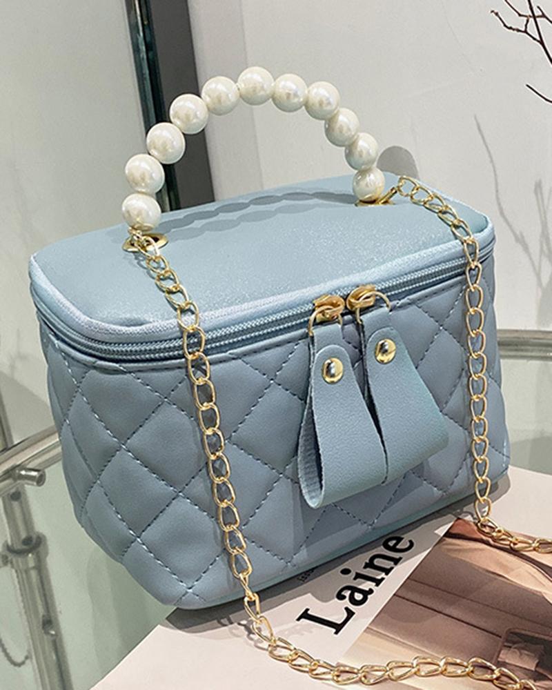

Pearls Top Handle Quilted Bucket Handbag Trendy Crossbody Bag, Blue