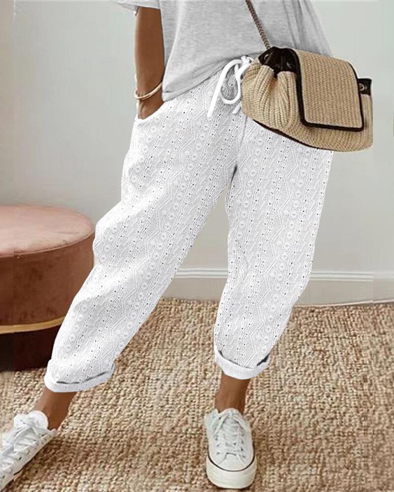 

Eyelet Embroidery Drawstring Pants, White