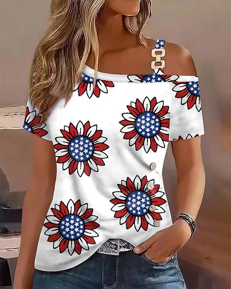 

Independence Day Flag Sunflower Print Chain Decor T-shirt, White