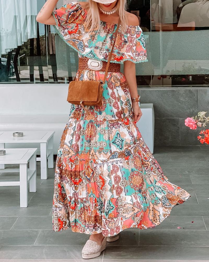 

Baroque Print Off Shoulder Ruffle Hem Maxi Dress, Multicolor
