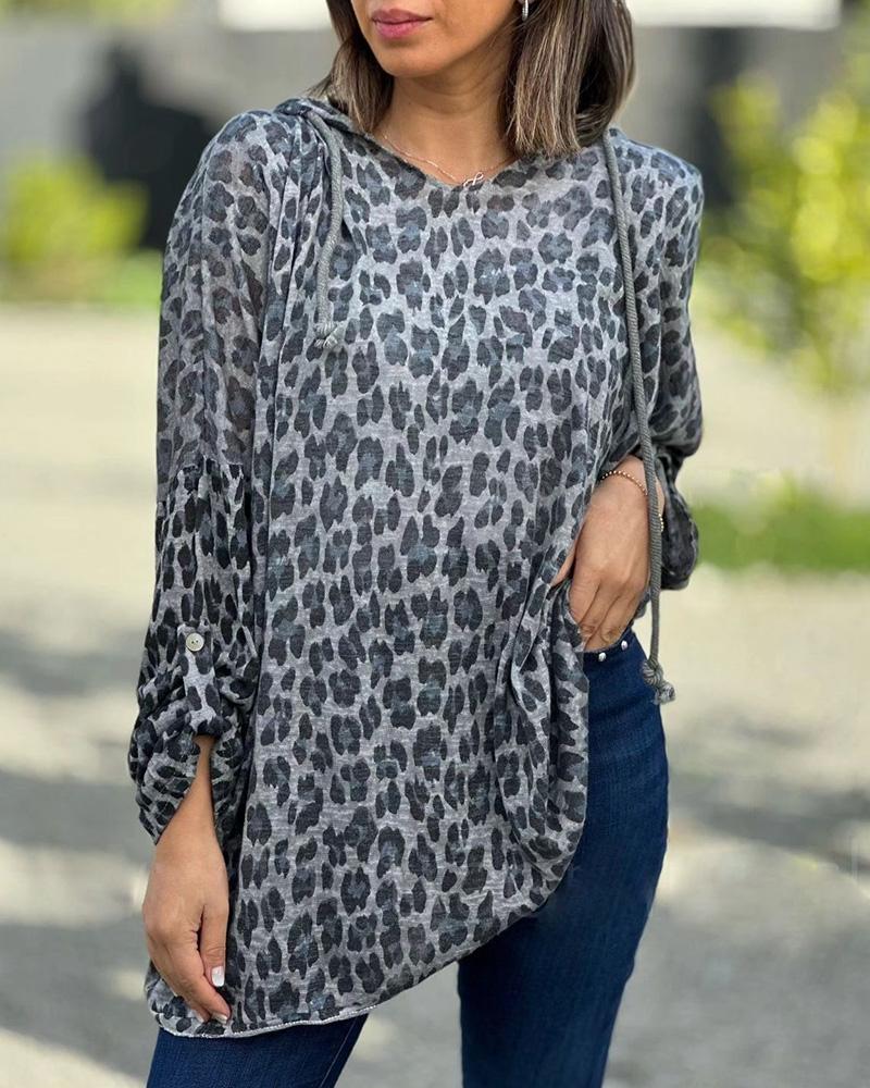 

Leopard Print Hooded Casual Top, Gray