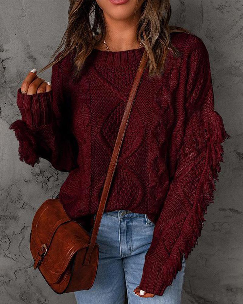 

Fringe Trim Long Sleeve Cable Knit Sweater, Wine red