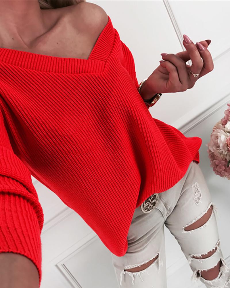 

Soild Long Sleeve Casual knitted Sweater, Red