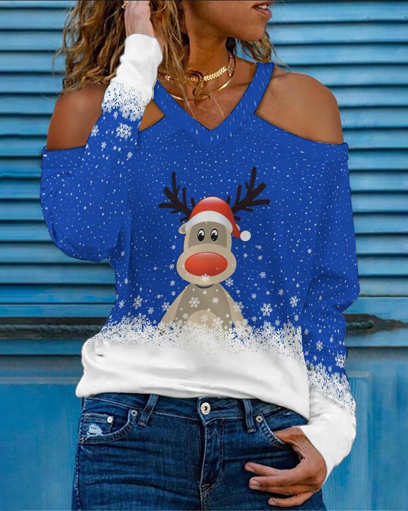 

Christmas Cold Shoulder Snowflake Elk Print Top, Blue