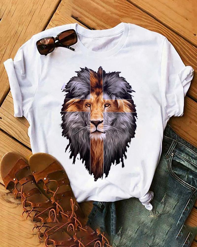 

Lion Print Short Sleeve Casual T-shirt, White