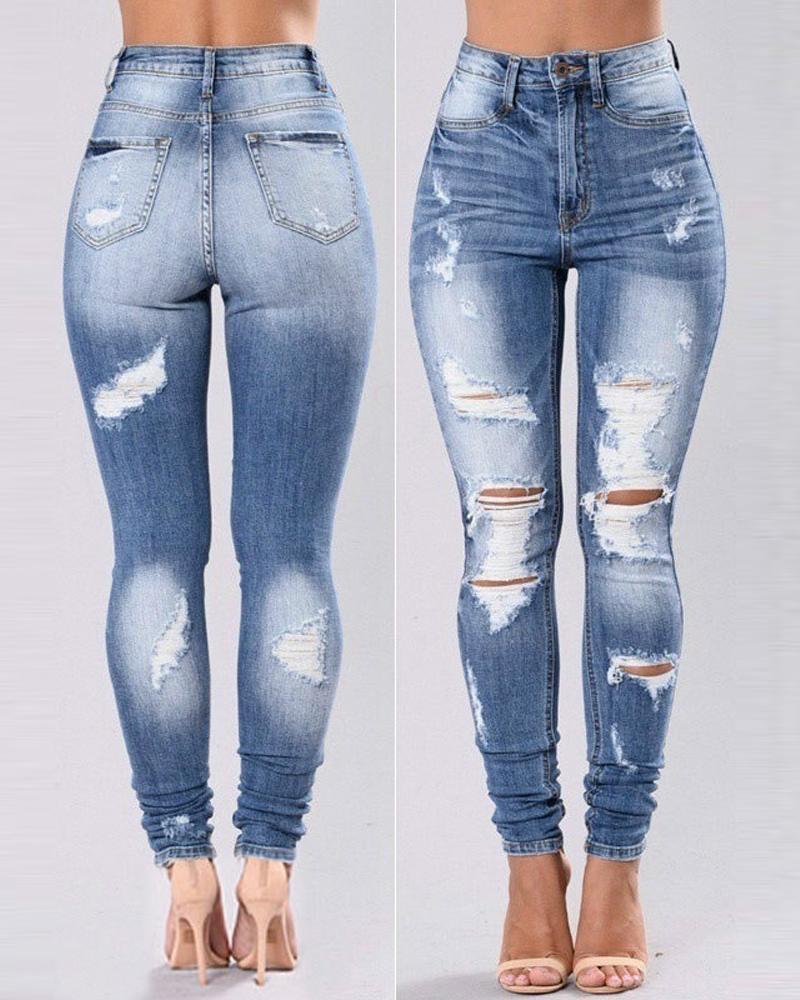 

Zipper Fly Ripped High Waist Skinny Jeans, Blue