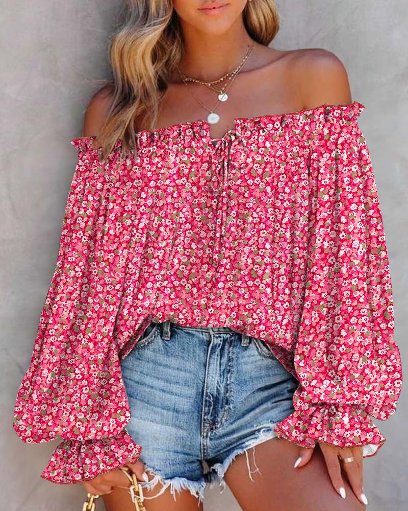 

Pink Ditsy Floral Print Off Shoulder Lantern Sleeve Top