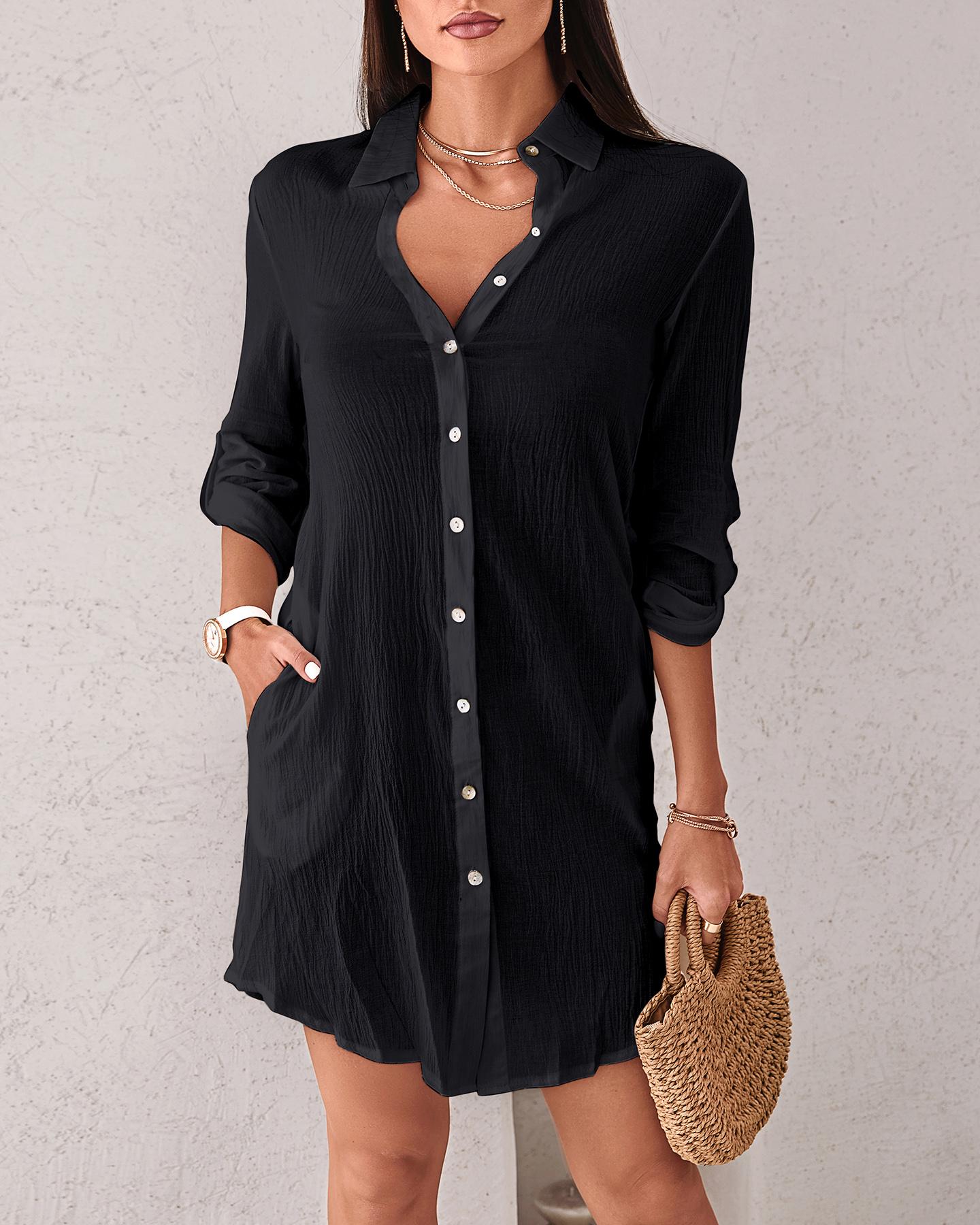 

Button Front Long Sleeve Casual Shirt Dress, Black