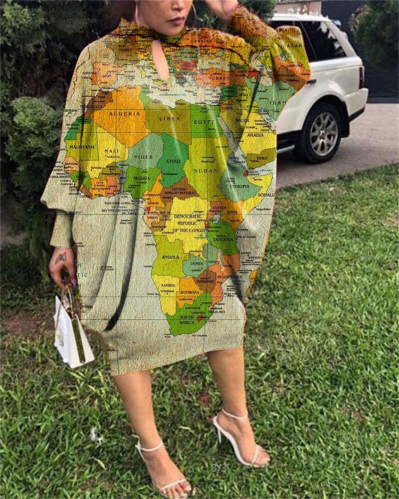 

Plus Size Map Print Batwing Lantern Sleeve Casual Dress, Green