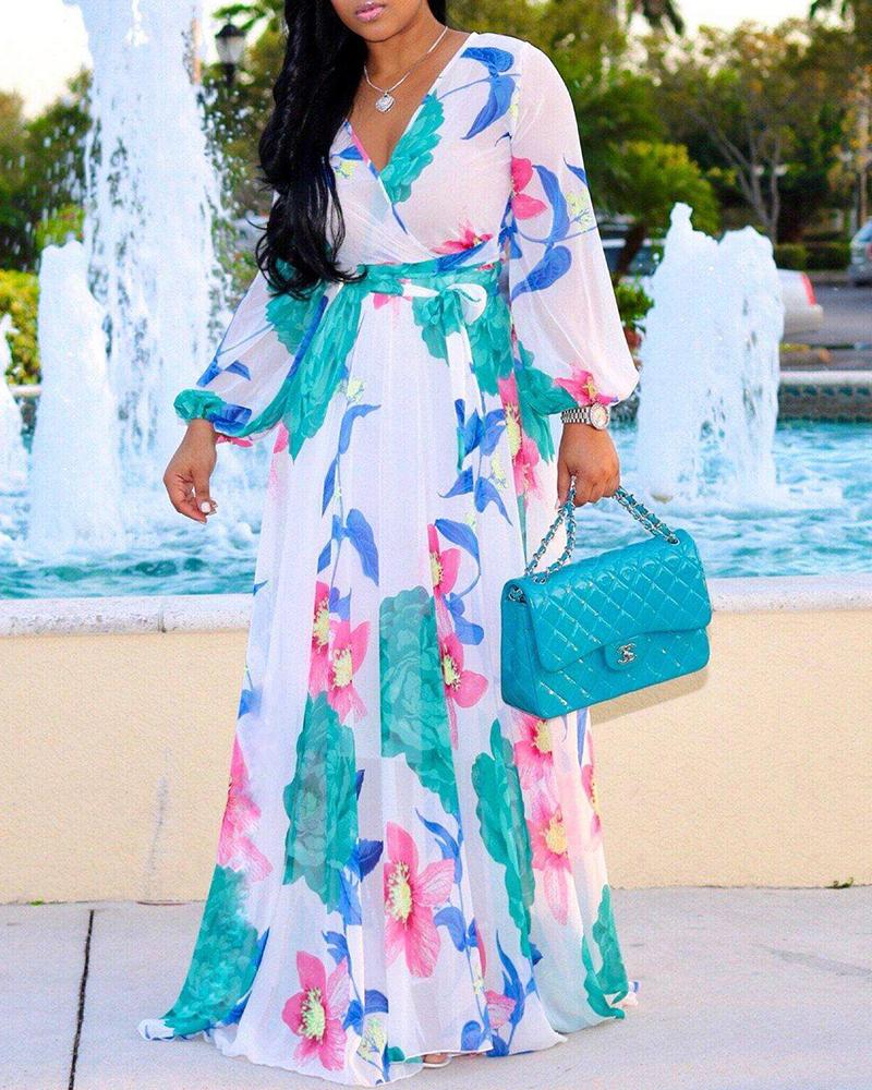 

Plus Size Tropical Print Deep V Belted Warp Maxi Dress, White