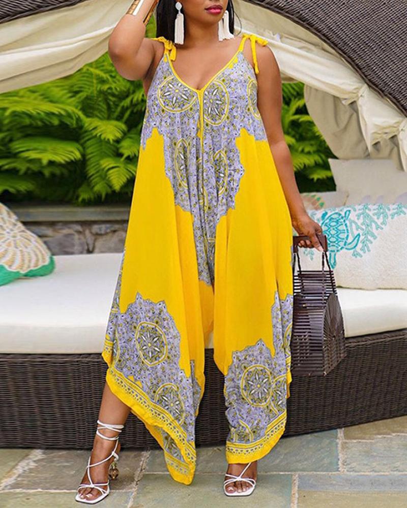 

Plus Size Graphic Print Tied Detail Jumpsuit, Yellow