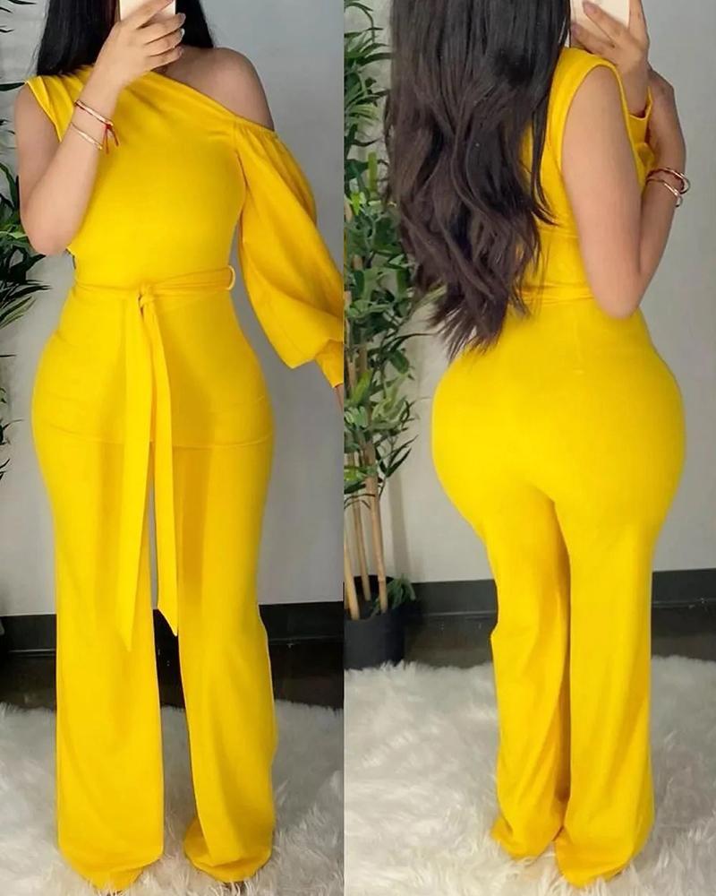 

One Shoulder Lantern Sleeve Tied Detail Jumpsuit, Yellow