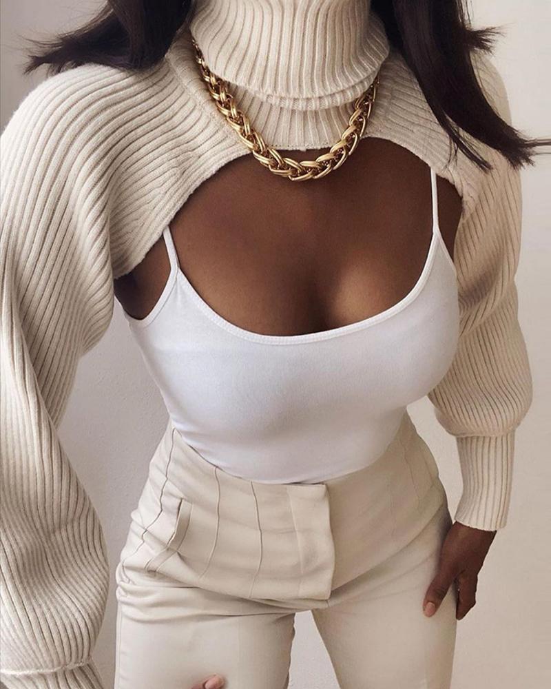 

Lantern Sleeve High Neck Crop Knit Sweater, Beige