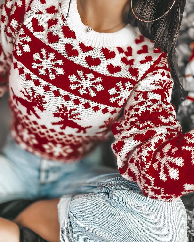 Christmas Snowflake Graphic Print Long Sleeve Knit Sweater