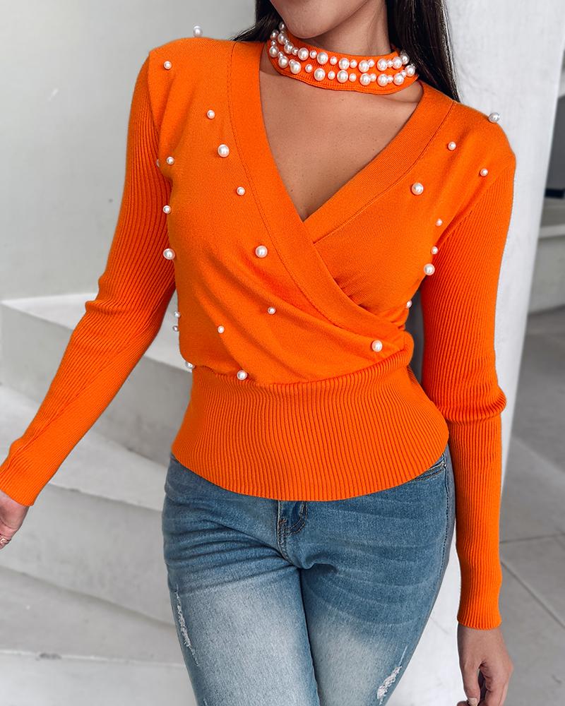 

Suéter de malha cruzada com decoração de pérolas e gola gargantilha, Orange