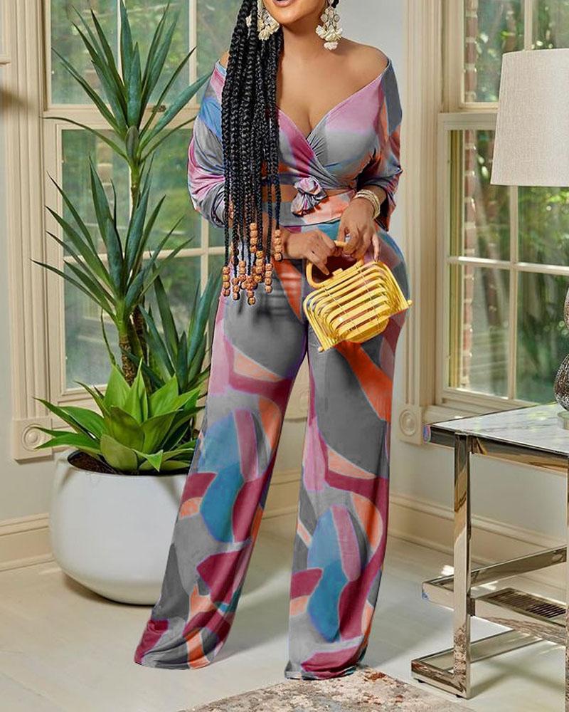 

Colorblock Crisscross Crop Top & High Waist Pants Set, Gray