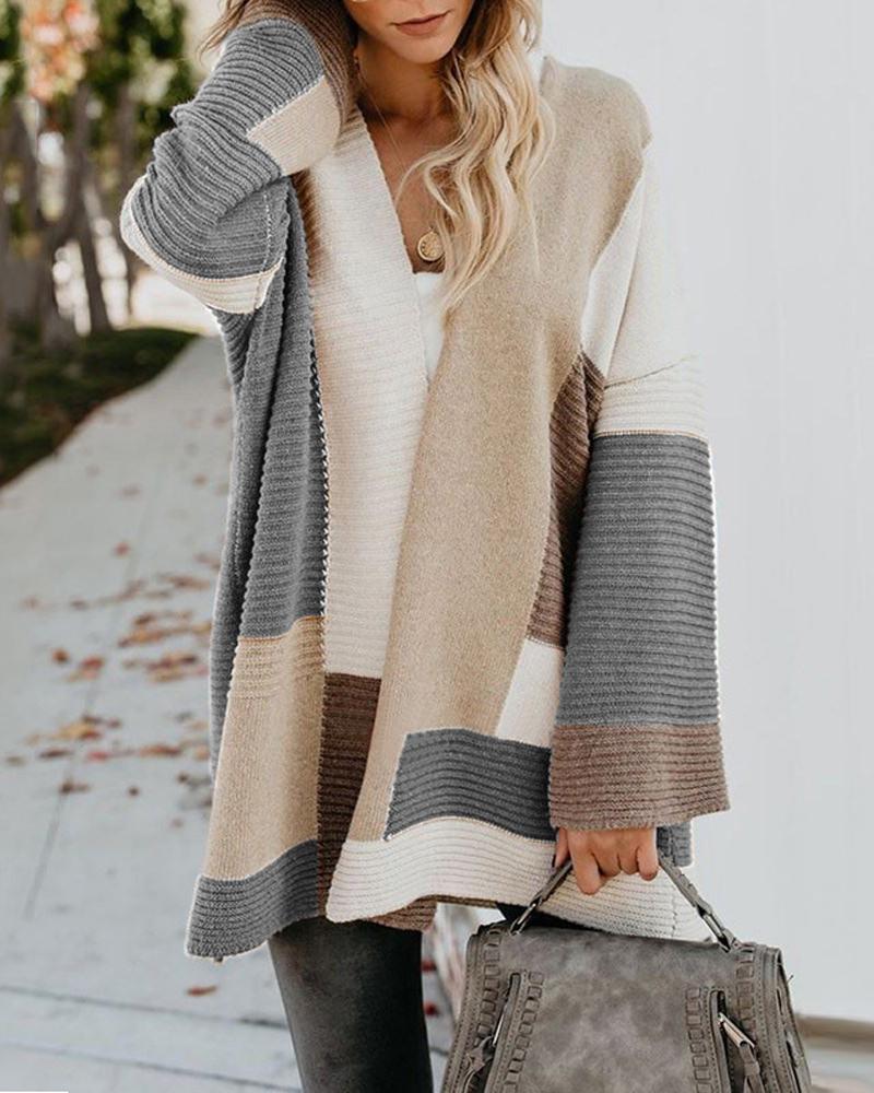 

Colorblock Long Sleeve Open Front Cardigan, Gray