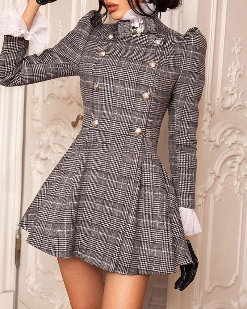 

Plaid Puffed Sleeve Ruffles Dress, Gray