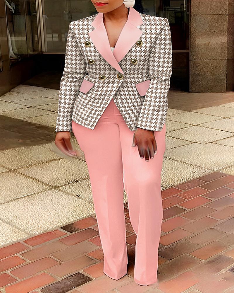 

Plus Size Houndstooth Print Double Breasted Blazer Coat & Pants Set, Pink
