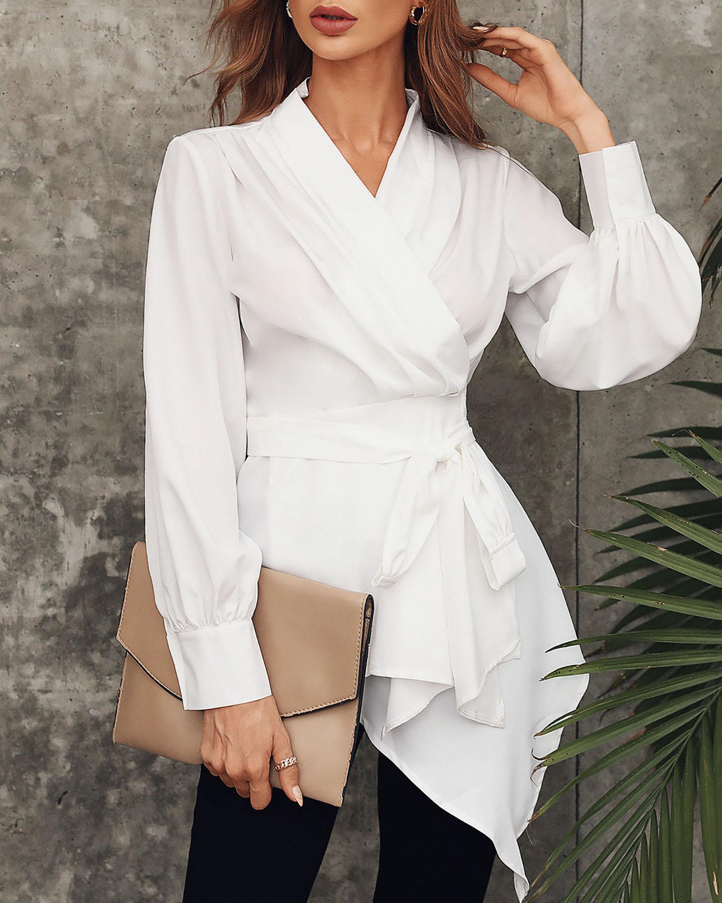 

V-Neck Asymmetrical Lantern Sleeve Top, White