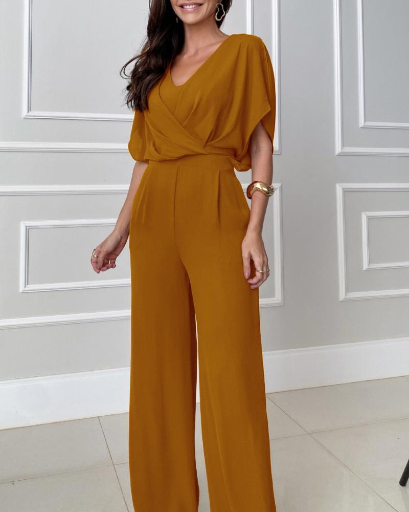 

V Neck Split Sleeve Ruched Jumpsuit Back Zipper High Waist Wide Leg Rompers, Brown