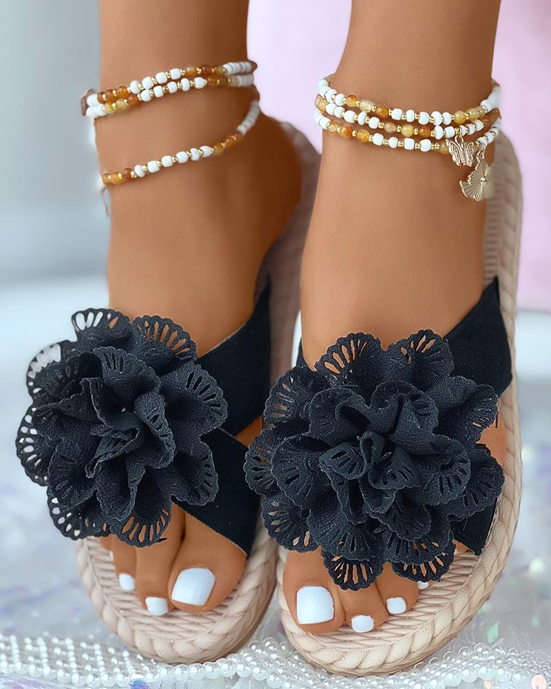 

Floral Pattern Cross Strap Slippers, Black