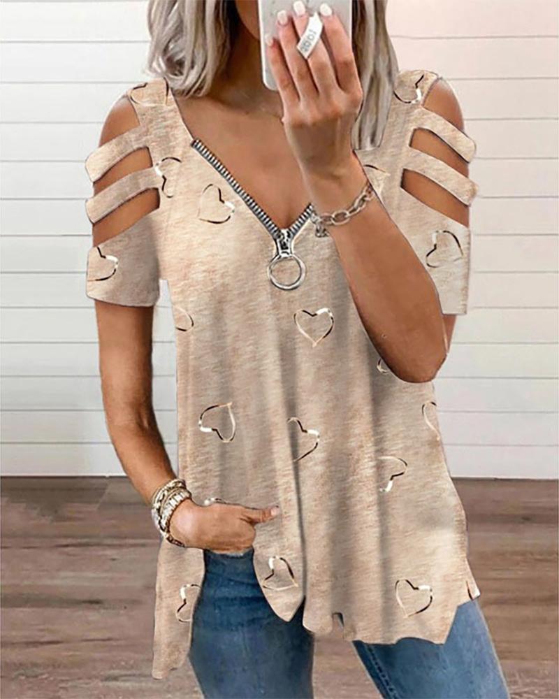 

Heart Print Ladder Cutout Zip Front Top, Khaki