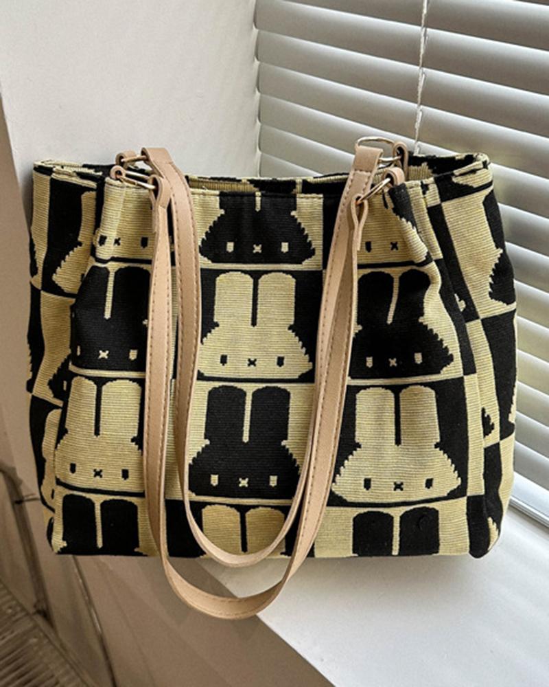 

Cartoon Rabbit Print Colorblock Shoulder Bag, Yellow