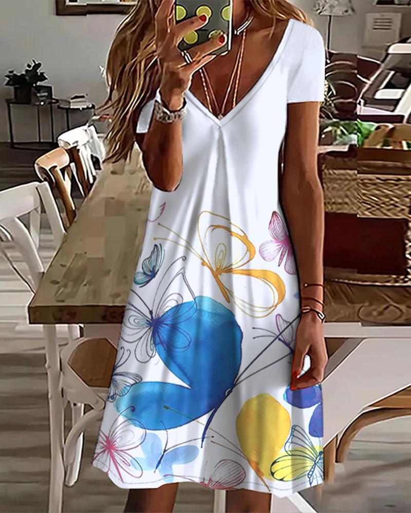 

Butterfly Print V-Neck Short Sleeve Casual Dress, White