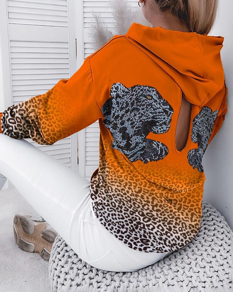 

Ombre Leopard Print Open Back Long Sleeve Hoodie, Orange