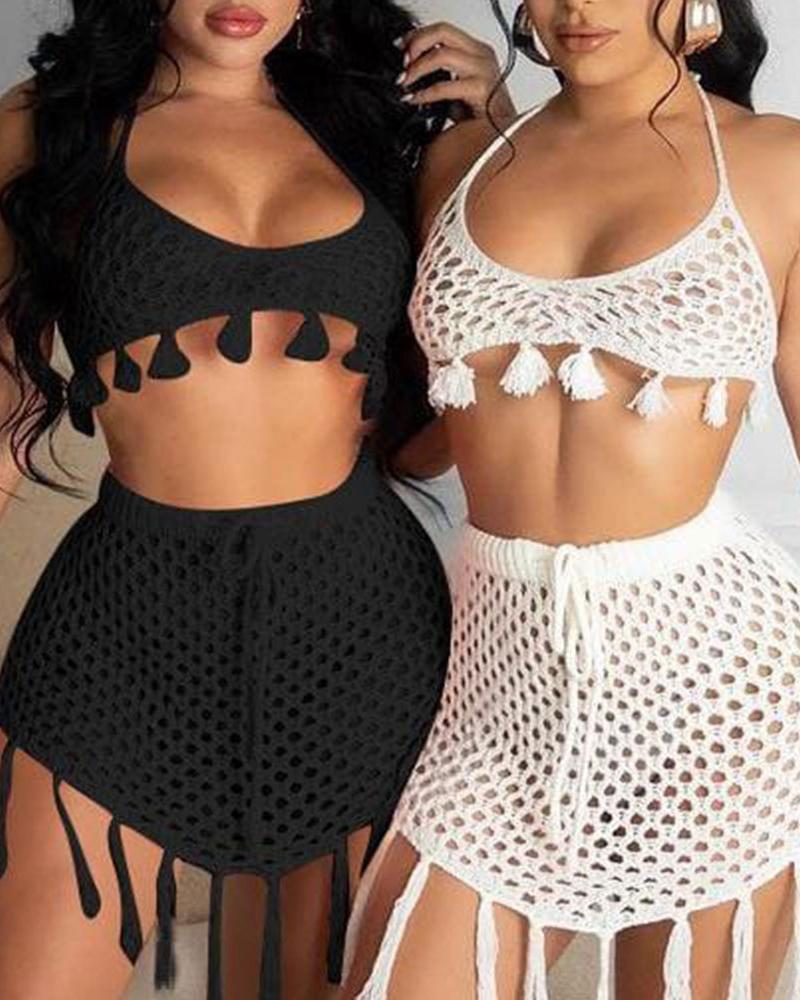 

Halter Tassel Decor Hollow Out Cover Up Set, Black