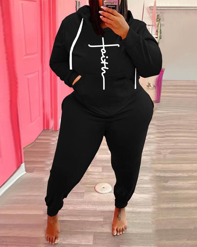

Plus Size Letter Print Long Sleeve Hoodie & Pants Set, Black