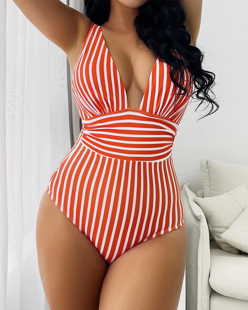 

Striped Print Plunging Neck One Piece Swimsuit, Orange