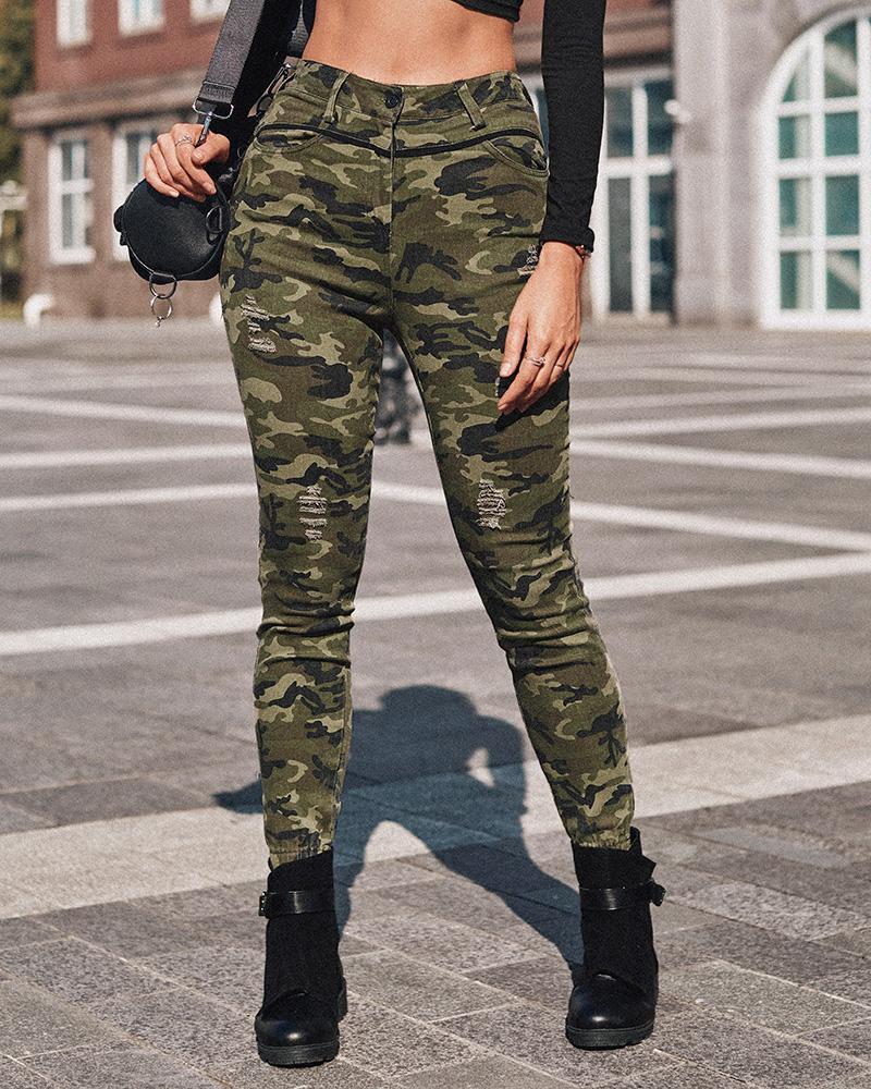 

High Waist Camouflage Print Cutout Pants, Army green