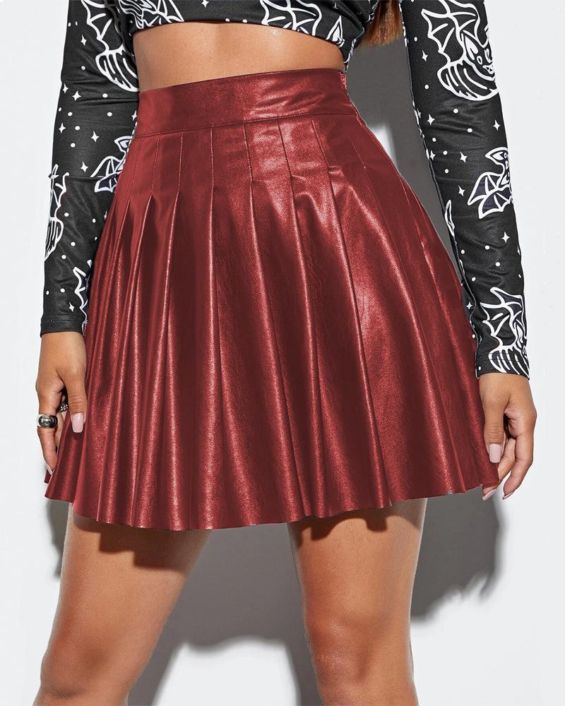 

High Waist Pleated PU Leather Skirt, Wine red