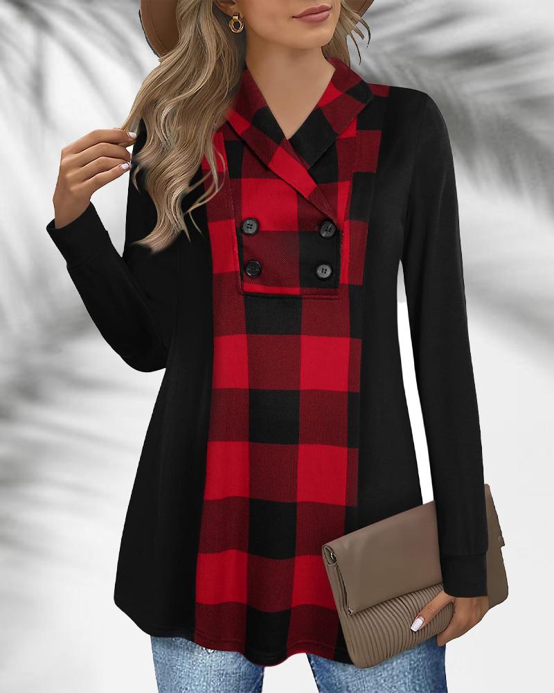 

Plaid Print Colorblock Long Sleeve Top, Red