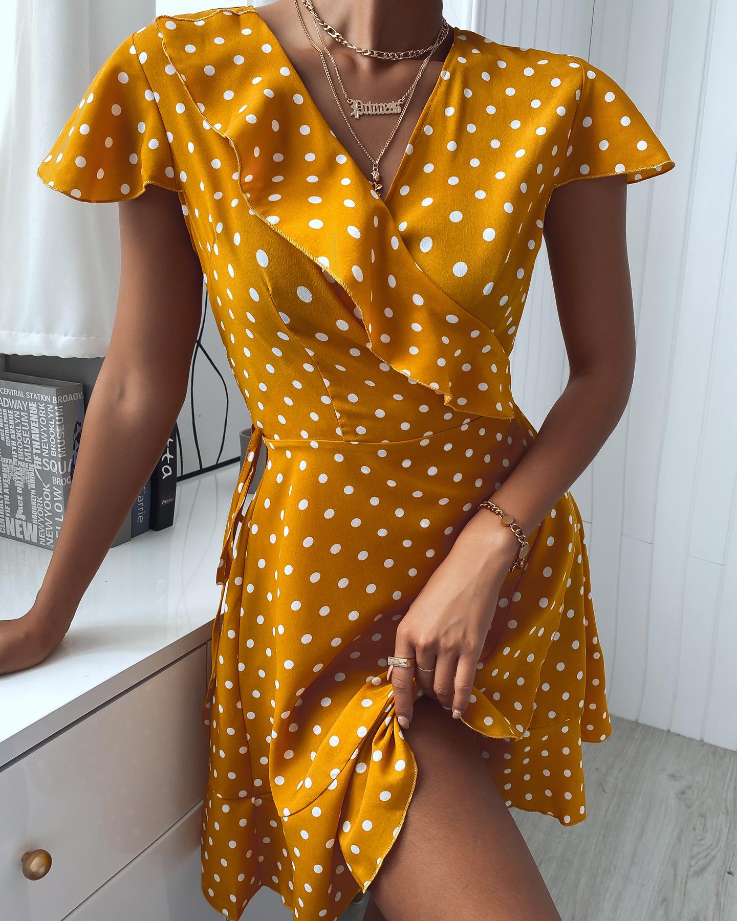 

Polkadot Print Short Sleeve Ruffles Hem Casual Dress, Yellow