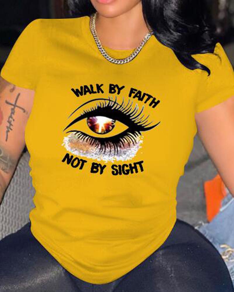 

Plus Size Letter Eye Print Casual T-shirt, Yellow