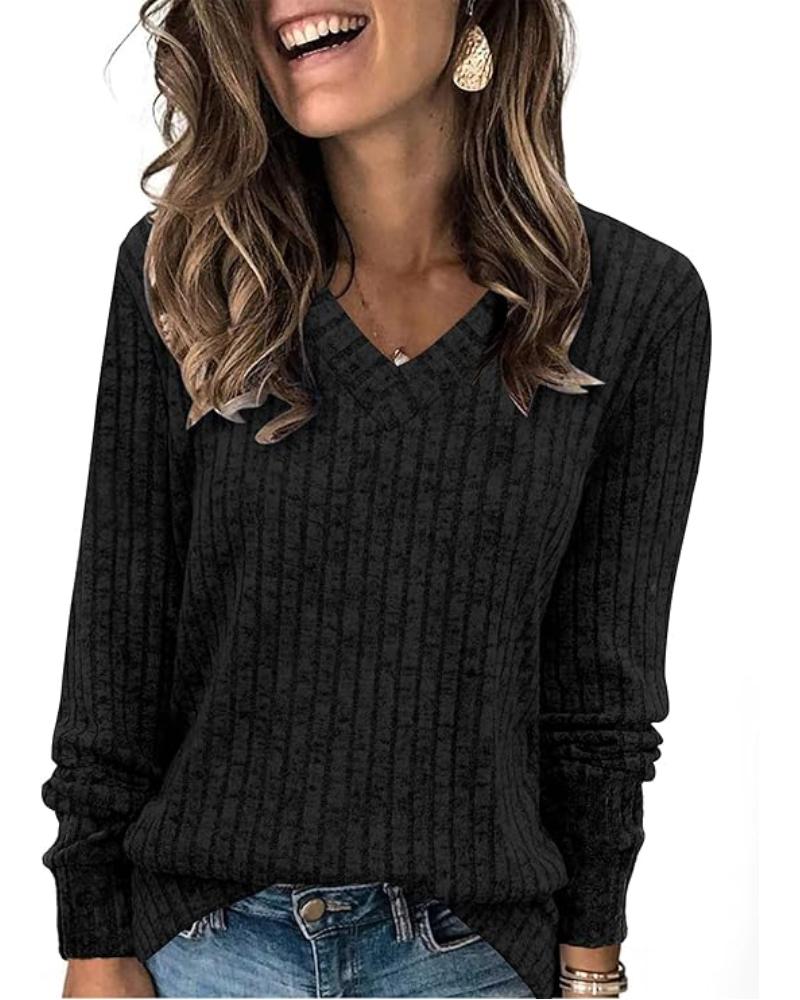 

Camisas de manga larga con cuello en V Suéteres casuales y livianos tipo túnica, Black
