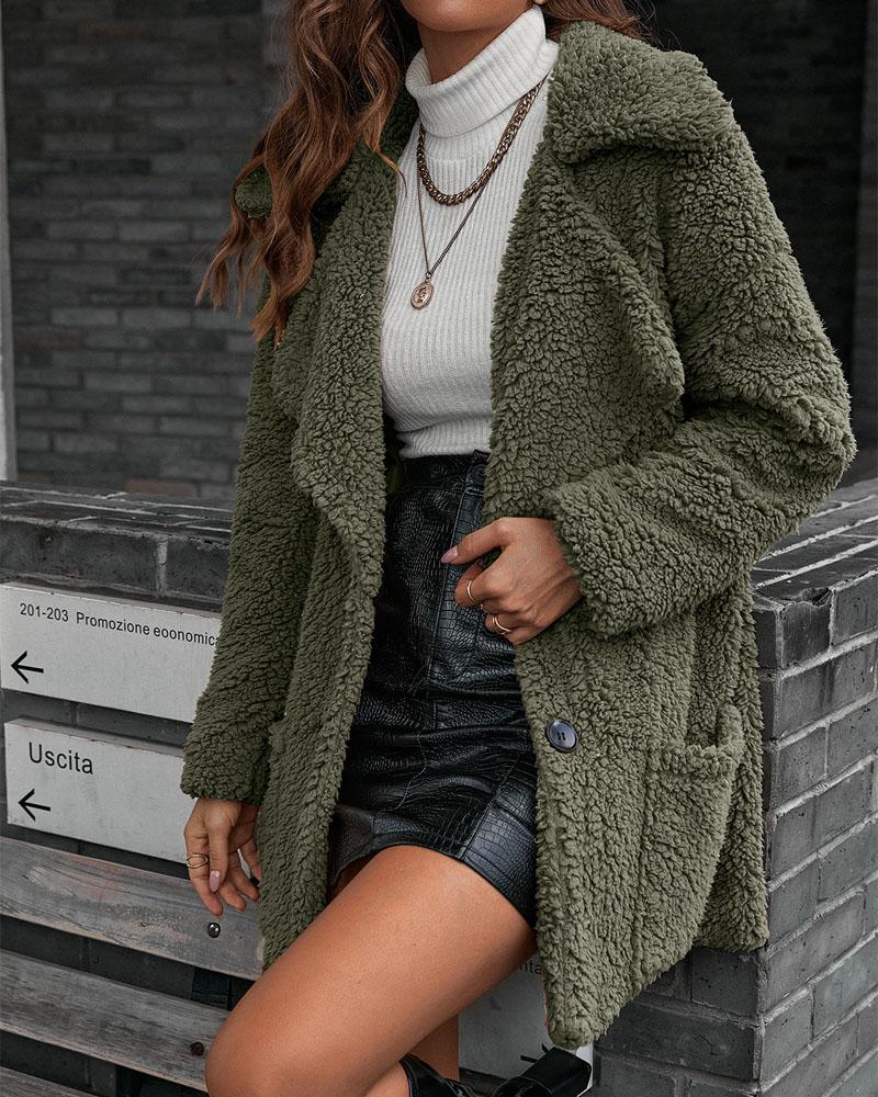 

Long Sleeve Patch Pocket Button Front Teddy Coat, Army green