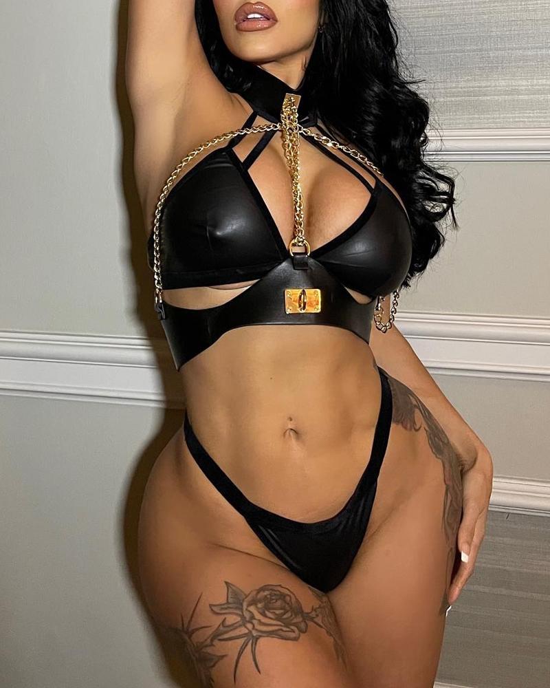 

PU Leather Chain Decor Cutout Halter Lingerie Set, Black