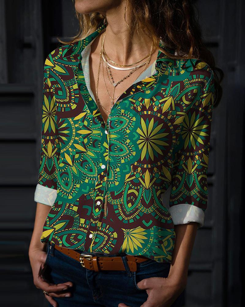 

Buttoned Allover Print Long Sleeve Shirt, Green