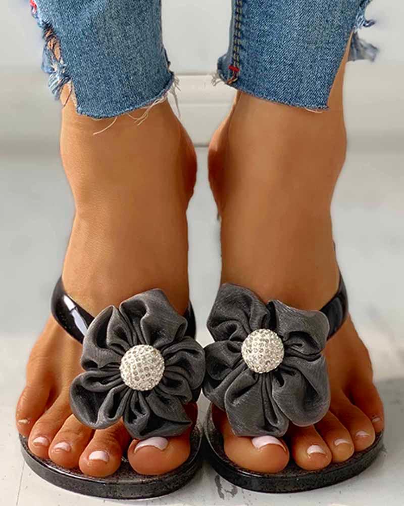 

Toe Post Flower Design Flat Sandals, Black