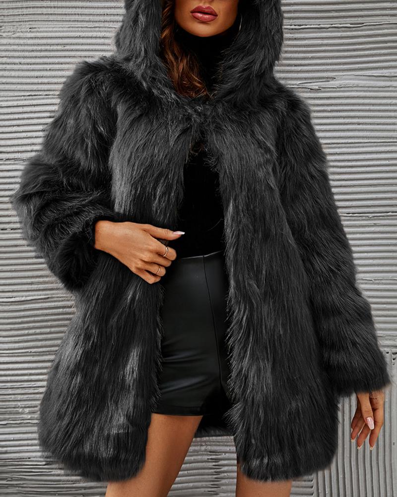 

3D Ears Faux Fur Long Sleeve Hooded Coat, Black